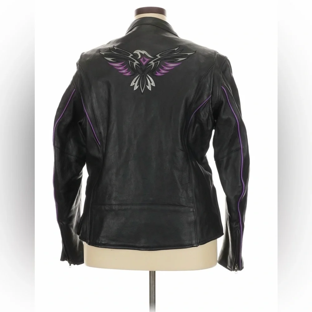 Women's Black Leather Motorcycle Jacket with Purple Embroidered Phoenix